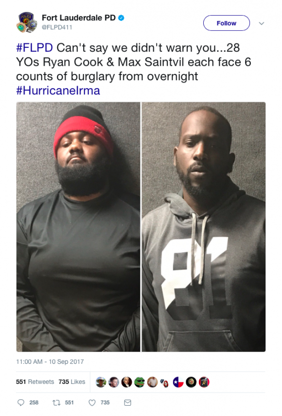 Ryan Cook and Max Saintvil were arrested in connection with the looting of six homes in Fort Lauderdale, Florida, on Sept. 10. (Fort Lauderdale Police Department)