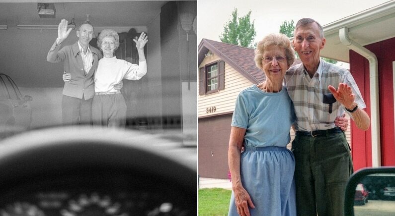 27년간 한결같이 집 앞에서 손 흔들며 배웅하는 부모님의 모습을 담은 사진들