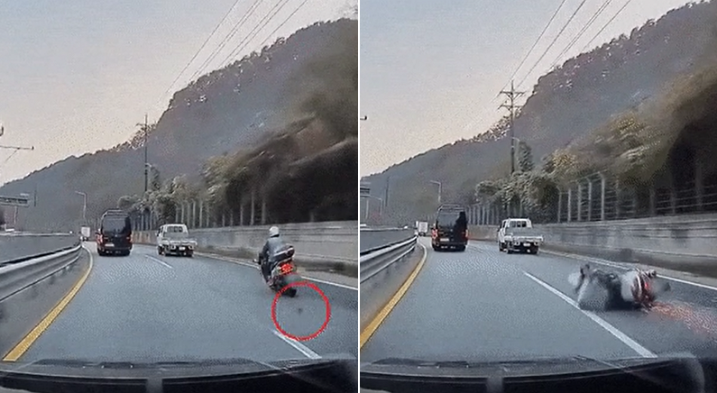 도로에 떨어진 돌 밟고 넘어진 오토바이, 순식간에 핸들 꺾어 피한 차주 (영상)