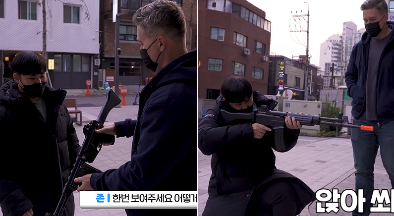길 가던 한국 남자에게 ‘가짜 총’ 대뜸 쥐어주면 생기는 일 (영상)