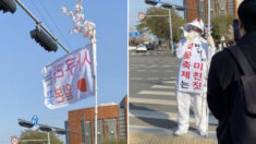 “사쿠라는 일본꽃” 벚꽃 만발한 여의도에 등장한 1인 시위남