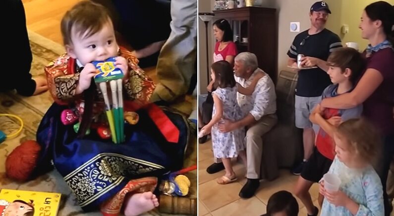 한국 혼혈 아기 생일파티서 처음 해보는 ‘돌잡이’에 대박 ‘과몰입’한 미국인들 (영상)